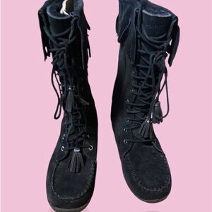 L.L. Bean Black Lace-Up Fringe Boots